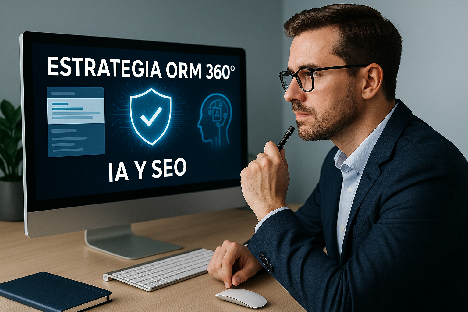 Equipo estratégico coordinando ORM 360º con dashboards y herramientas de IA